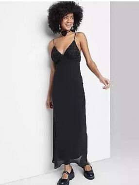 Nwt WILD FABLE ribbed Black Maxi V-Neck Slip Dress Shapewear Bra Cups Y2k Skims